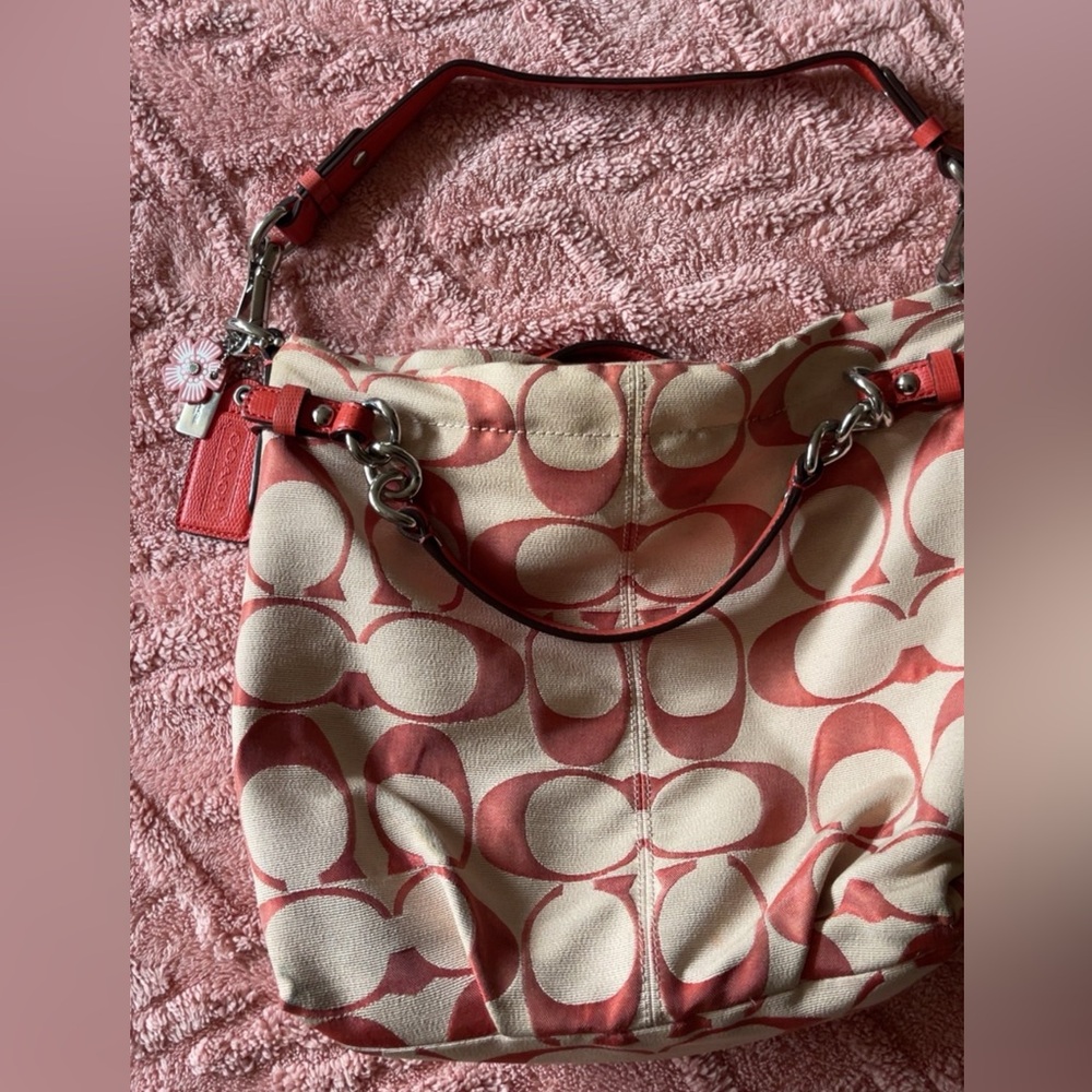Coach Coral and Cream Signature Shoulder Bag